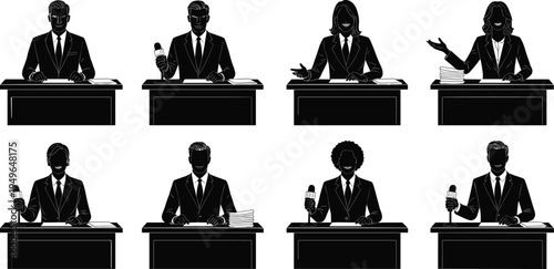 Panel discussion silhouettes, business professionals, press conference, debate setting, communication, leadership, teamwork, 