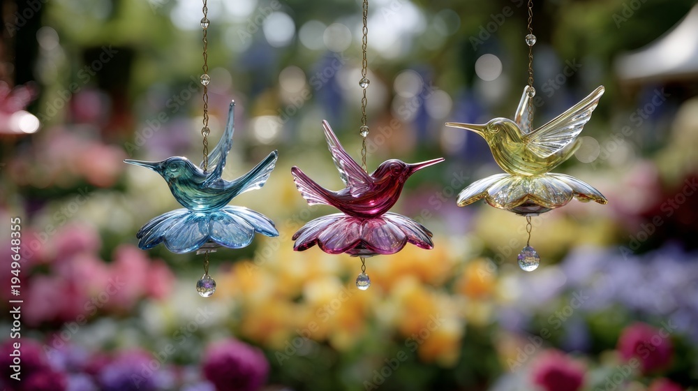 Naklejka premium Three Colorful Glass Hummingbird Ornaments Hanging in a Garden