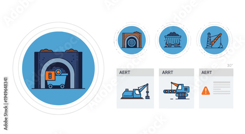 Mining tunnel entrance with cart and various industrial icons.