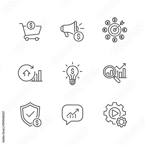 Set of financial and business icons representing investment growth, marketing, currency exchange, analytics, and innovation