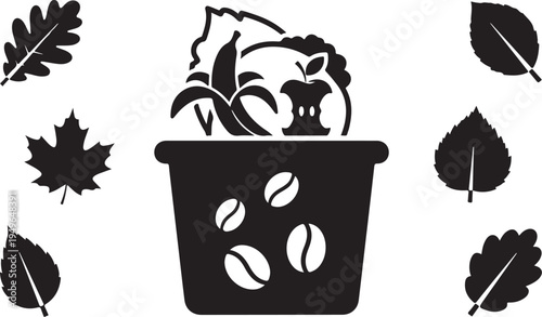 Black Silhouette of Plant in Coffee Cup with Leaves