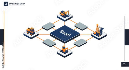 SaaS software as a service isometric diagram with connected applications.