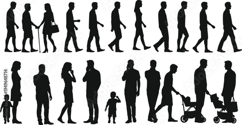 People silhouettes, walking and standing, everyday activities, family with stroller, social interaction, casual lifestyle, urban community, human motion, diversity illustration set