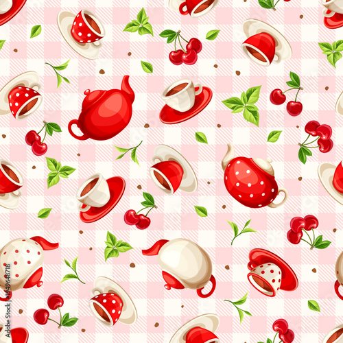 Cherry tea seamless pattern. Vector seamless print with red and white teapots, cups of tea, cherry, and tea leaves