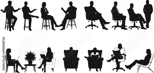 People silhouettes sitting in chairs, conversations, casual seating, office discussion, lounge activity, body language, communication, workplace, social interaction illustration