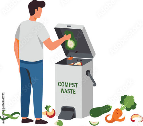 Person composting food scraps, eco friendly waste recycling, organic compost bin, sustainable lifestyle, vegetable disposal, green environment