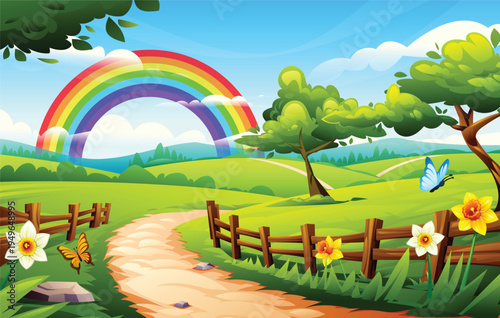 Winding path with wooden fence under a vibrant rainbow and lush green trees. Vector cartoon landscape illustration