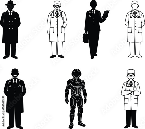 Professional silhouettes and line art illustration, doctors, nurses, business, scientist, futuristic robot, medical staff, healthcare concept design