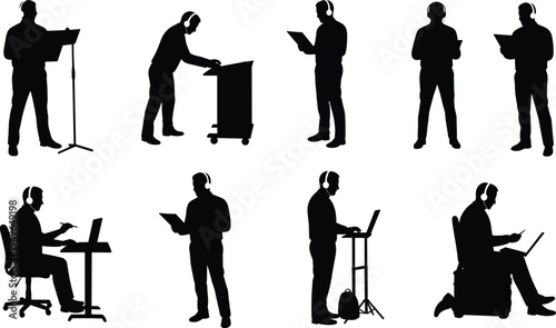 Professional silhouettes, office workers, reading documents, digital devices, presentation posture, workplace communication, remote work, business illustration set