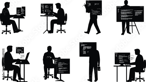 Programmer silhouettes, coding activity, software developer, computer screen, office worker, digital technology, professional coding illustration set