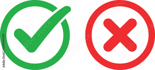 Check mark and cross symbols illustration, green approval tick and red rejection icon set for correct incorrect choices voting feedback.