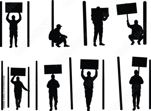 Protest silhouette, activist with blank signs, social movement, urban dissent, freedom of speech, demonstration illustration, symbolic expression