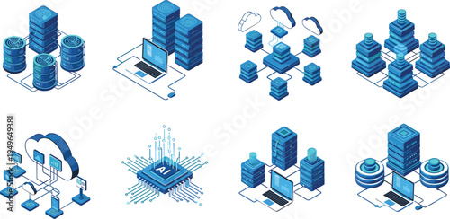 Isometric data center icon set featuring cloud computing server racks artificial intelligence processors and digital network database infrastructure,