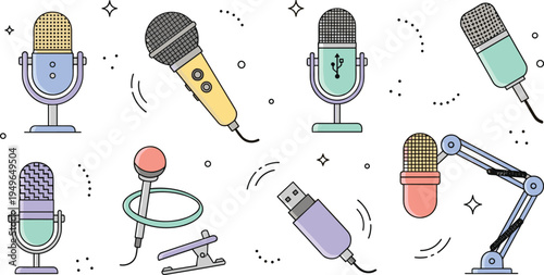 Flat line vector icons set of professional microphones for podcasting, studio recording, broadcasting, vlogging, and digital audio communication