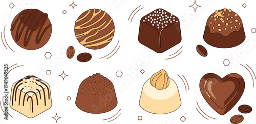 Assorted luxury chocolate truffles vector icons set featuring dark milk and white pralines for dessert and confectionery design