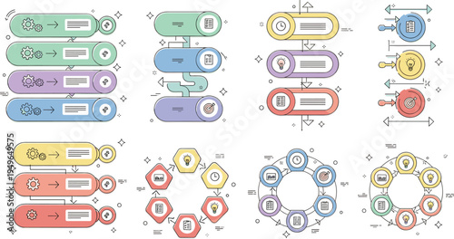 Collection of business infographic vector templates featuring cycle diagrams, flowcharts, step sequences, and process charts for corporate presentation data visualization
