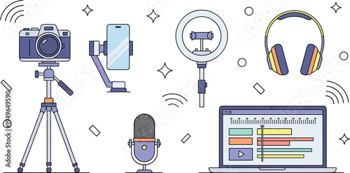 Flat line vector icons set for influencer blogging, live streaming gear, video editing software, podcasting, and digital media production