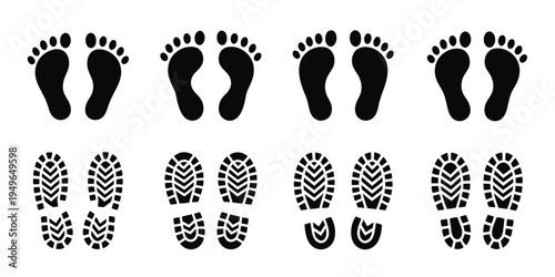 Footprint and shoe print icons illustration, minimal vector set with clean walking symbols and clear shapes isolated for signage and education.