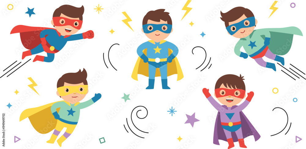 Fototapeta premium Set of cute superhero boy characters in colorful costumes flying and posing for children party invitation design
