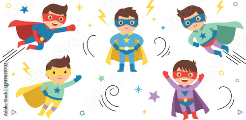 Set of cute superhero boy characters in colorful costumes flying and posing for children party invitation design