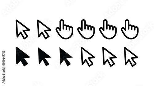 Mouse cursor icon set illustration, solid black web pointer symbols for clicking links, navigation, and digital interface interaction.
