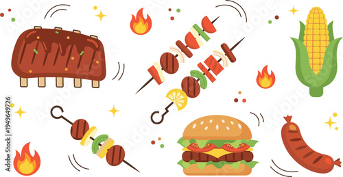 Assorted barbecue grilled food vector icons featuring burger, ribs, skewers, corn, and sausage for summer picnic party menu