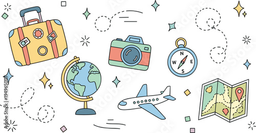 Travel and vacation icon set with suitcase camera globe airplane compass and map in flat line art illustration