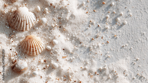 Close-up of Seashells on White Sand Beach Background