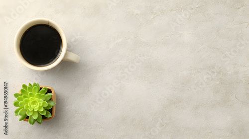 Minimalist Workspace Coffee Succulent and Clean Desk.