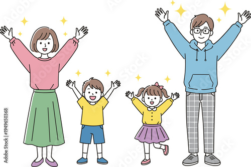 Happy family with parents and two children cheering with arms raised in a clean flat line art illustration