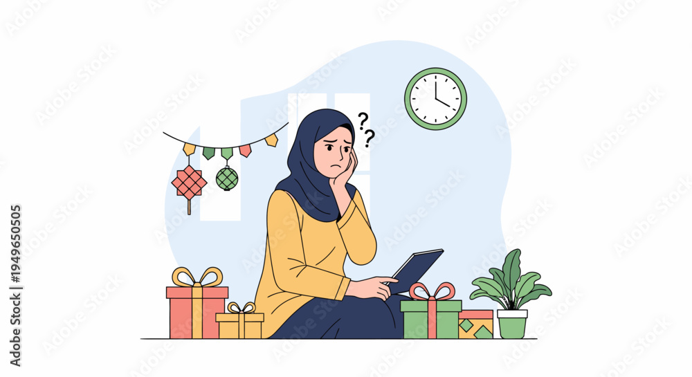 Fototapeta premium Woman sitting with tablet among gifts and holiday decorations.