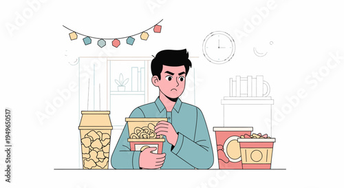 Young man eating breakfast cereal in kitchen.