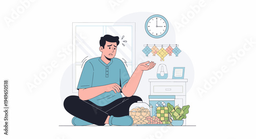 Young man counting coins while sitting on floor.
