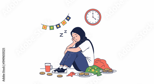 Young girl seated exhausted after a messy snack.