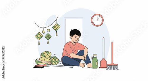 Young man seated with cleaning supplies at home.