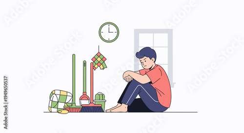 Young man sitting alone in a room with a sad expression.
