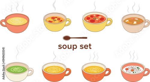 Collection of various hot soup bowls with steam including tomato vegetable and cream soups in flat vector illustration