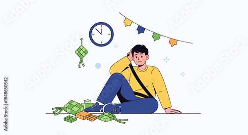 Young man sitting on floor with money pile.