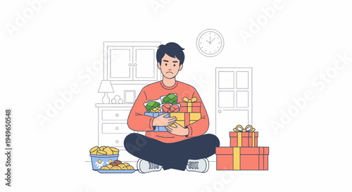 Young man sitting with cat indoors in cozy home scene.
