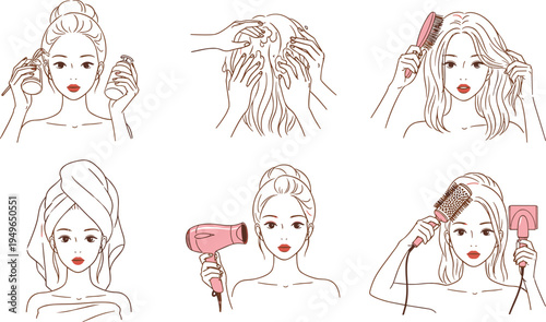 Set of six hair care routine steps including washing drying brushing and styling in a clean line art illustration