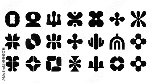 Abstract black and white geometric shapes and symbols collection.