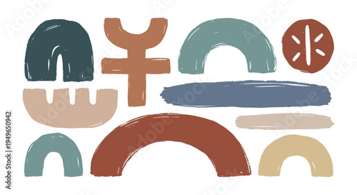 Abstract shapes and forms in earthy tones and muted colors.