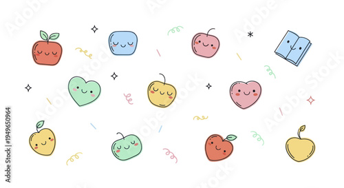 Adorable Kawaii Fruit and Book Characters with Sweet Faces.