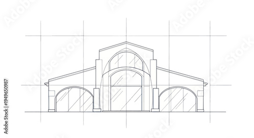 Architectural Sketch of a Grand Building Facade with Arches and Columns.