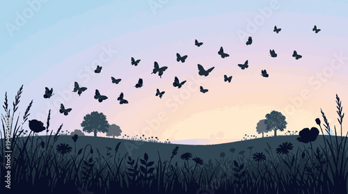 Butterflies fly over a serene spring field at sunset with trees and grass