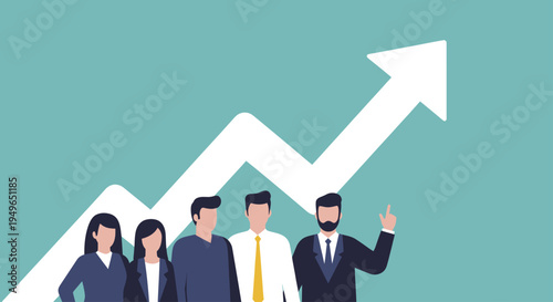 Business team standing in front of a large upward trending arrow.