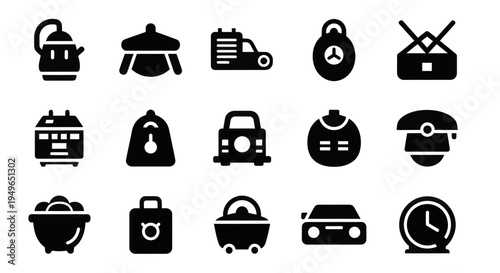 Collection of black and white icons representing various household items and objects.