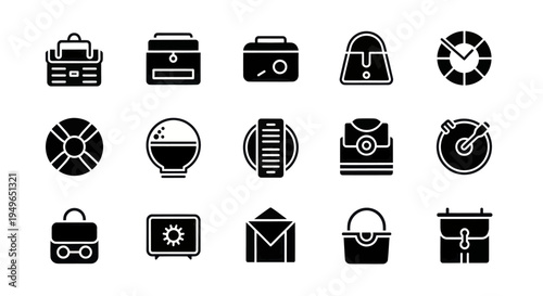 Collection of black and white icons representing various objects and symbols.