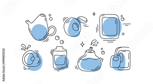 Collection of Blue Sketched Bathroom and Personal Care Items.