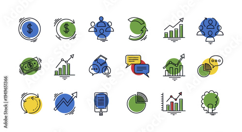 Collection of Business and Finance Icons for Data Analysis and Growth.